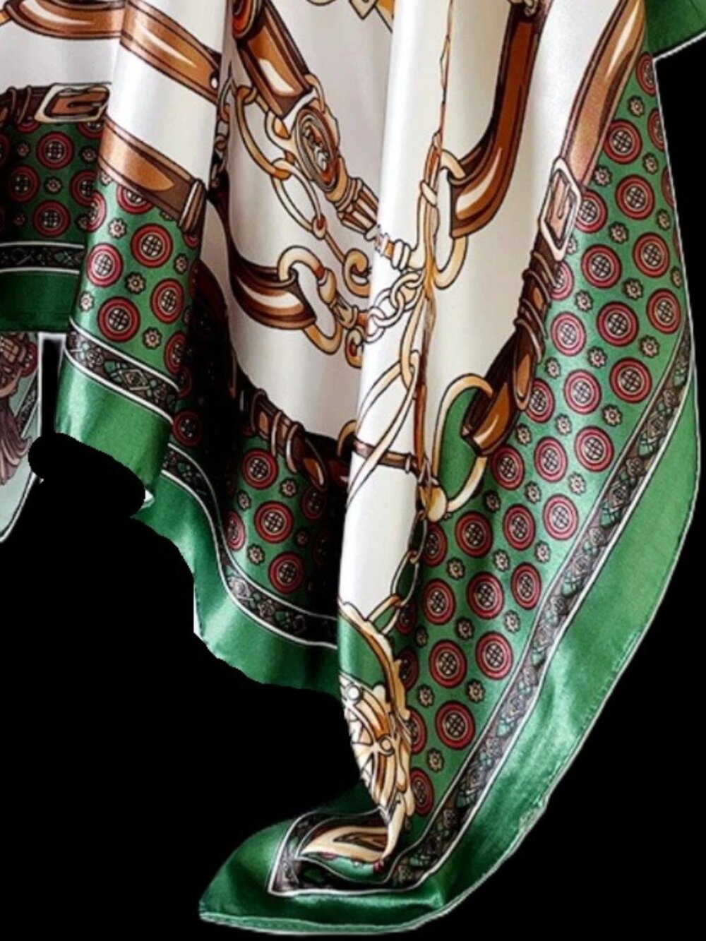 GREEN White Red Gold & Brown Poly-Silk 36” Square EQUESTRIAN SCARF  by ORNAMENTS